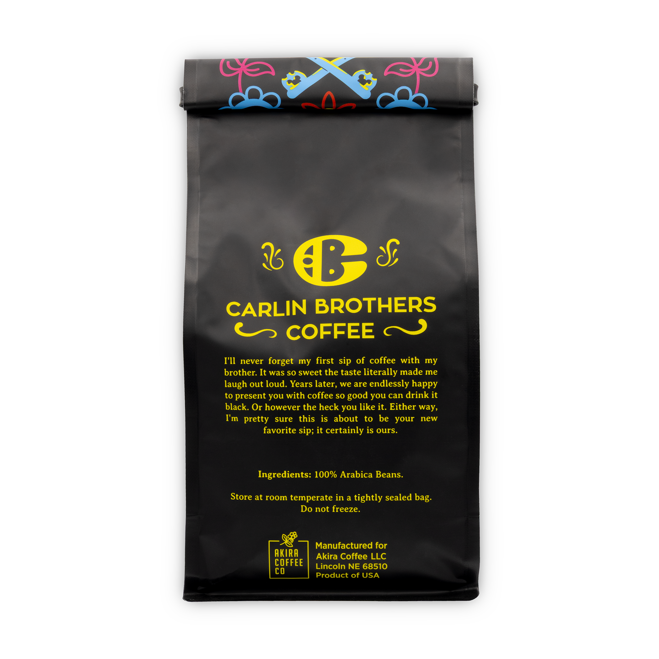 Black coffee bag with yellow text and branding on a white background