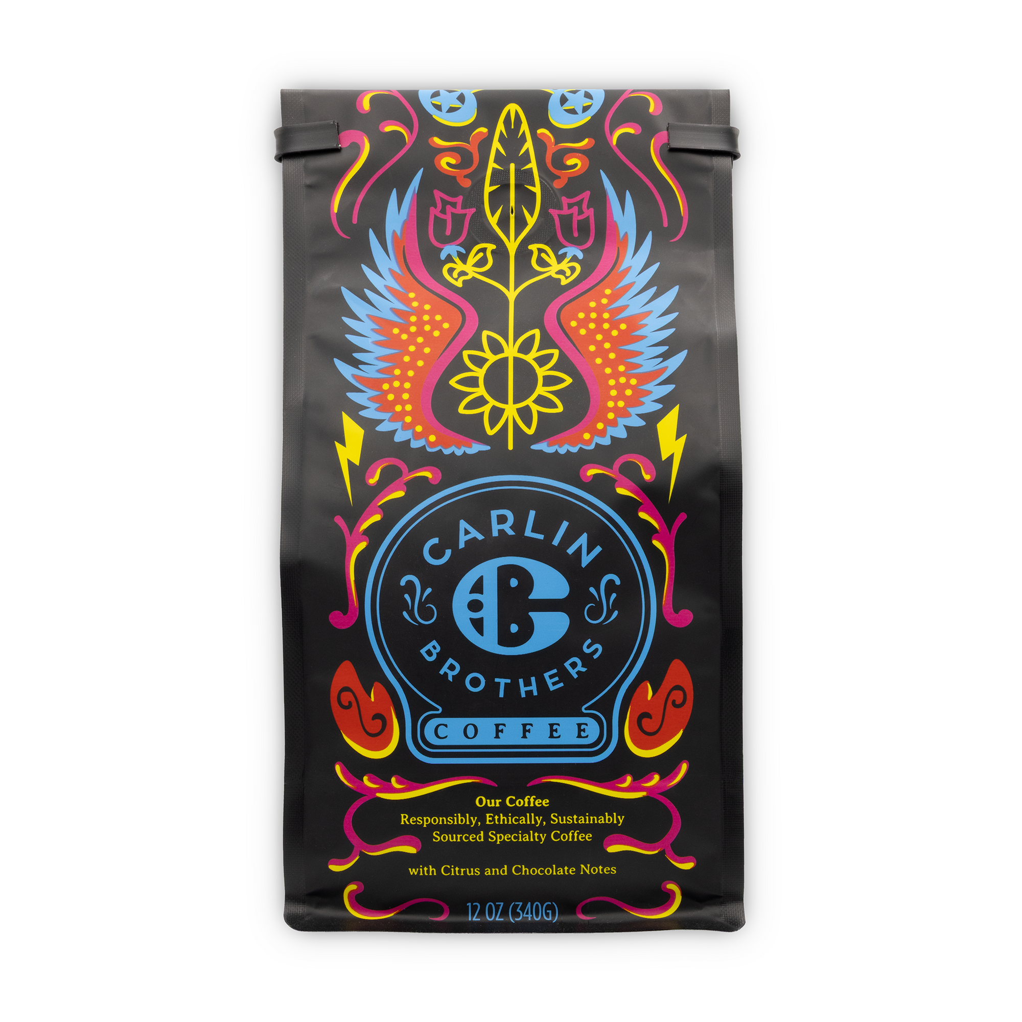 Carlin Brothers Coffee bag with colorful design on a white background