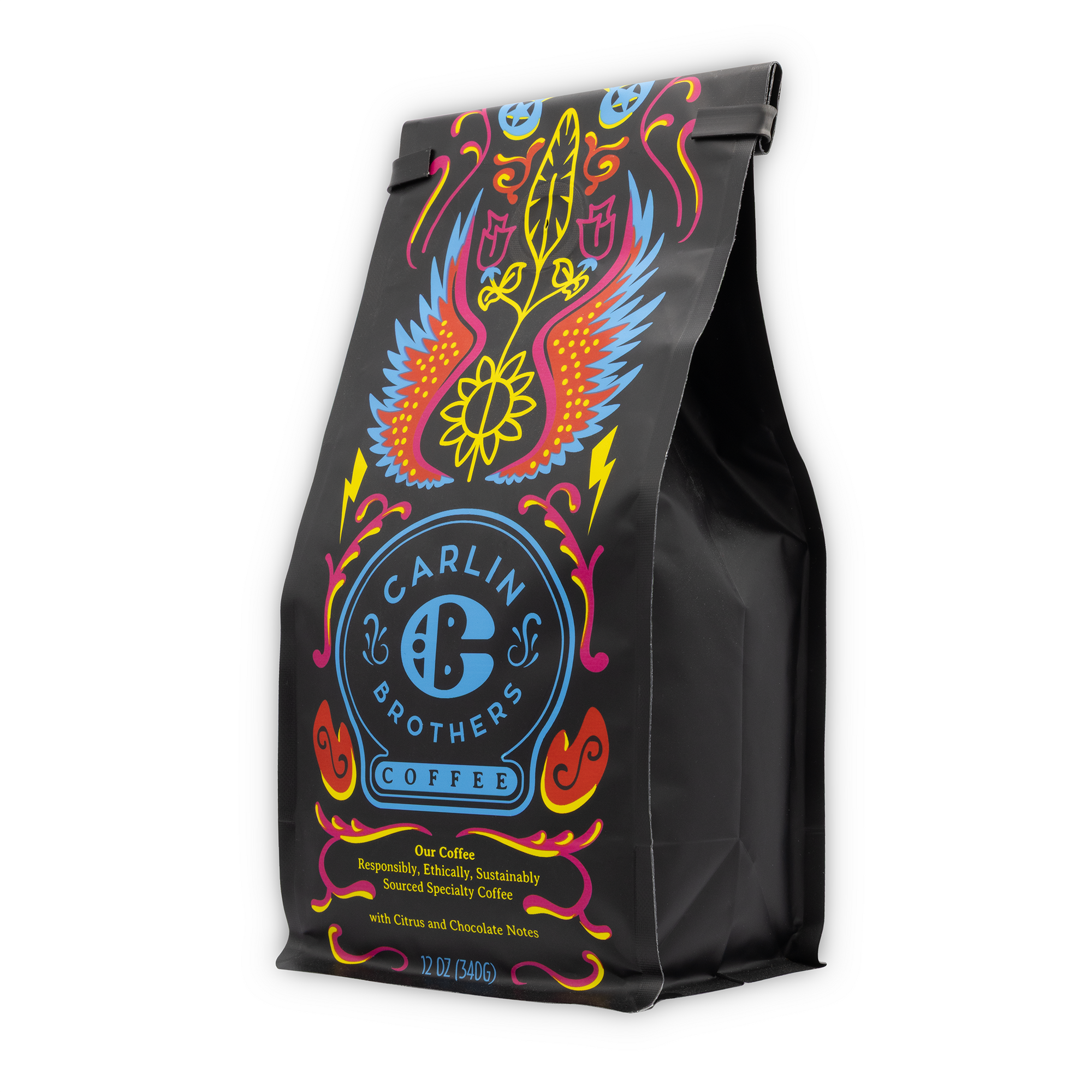 Black coffee bag with colorful designs and 'Carlin Brothers Coffee' branding on a white background