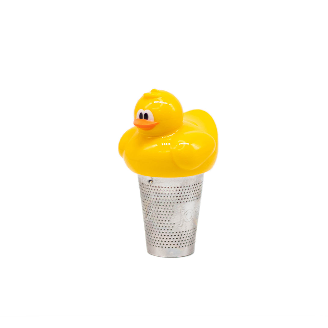 A tea infuser with bright yellow plastic duck topper