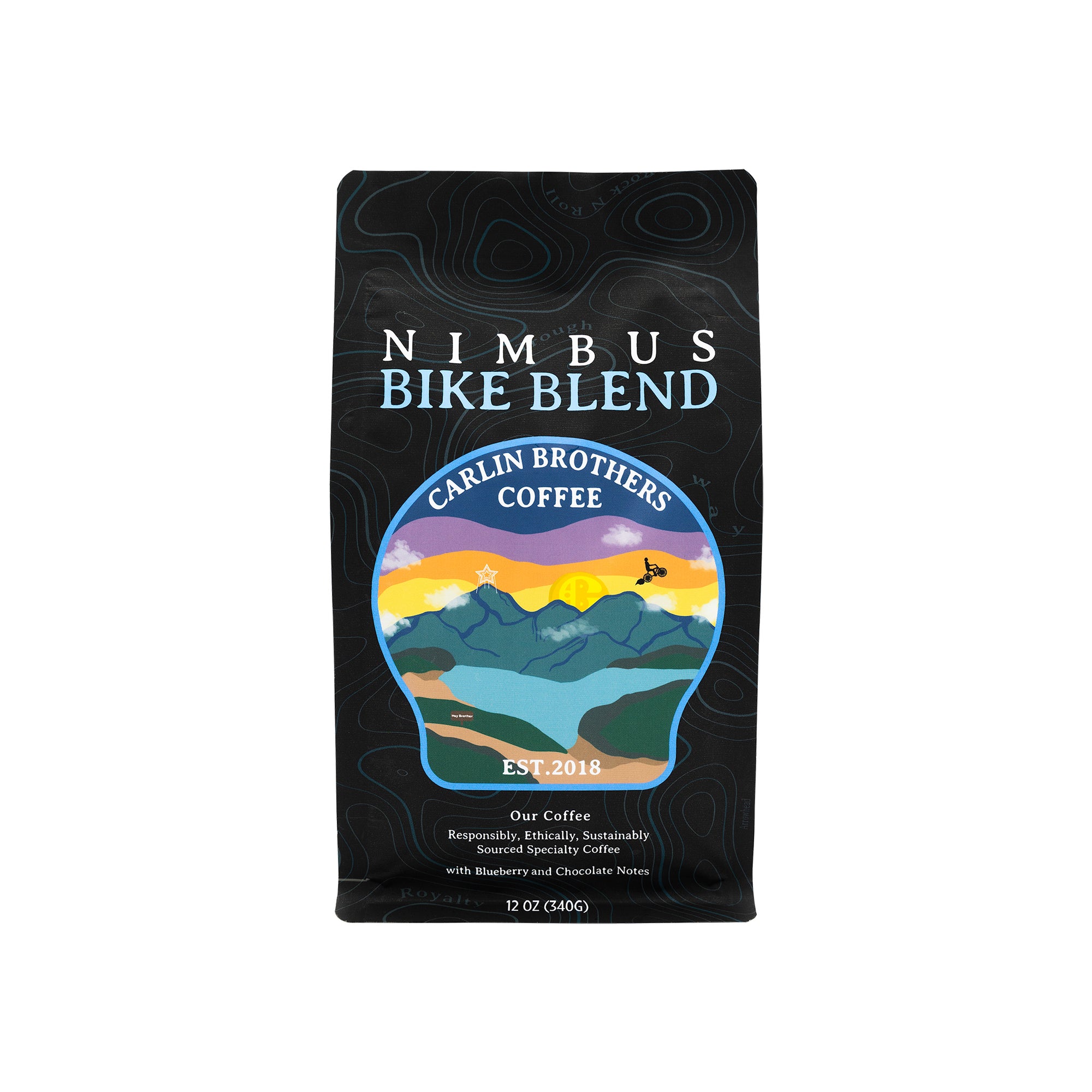 Blue and Black Super Carlin Brother's Mercantile Nimbus Bike Blend coffee bag. Est. 2018. Responsibly, Ethically, sustainably sourced specialty coffee with blueberry and chocolate notes 12OZ
