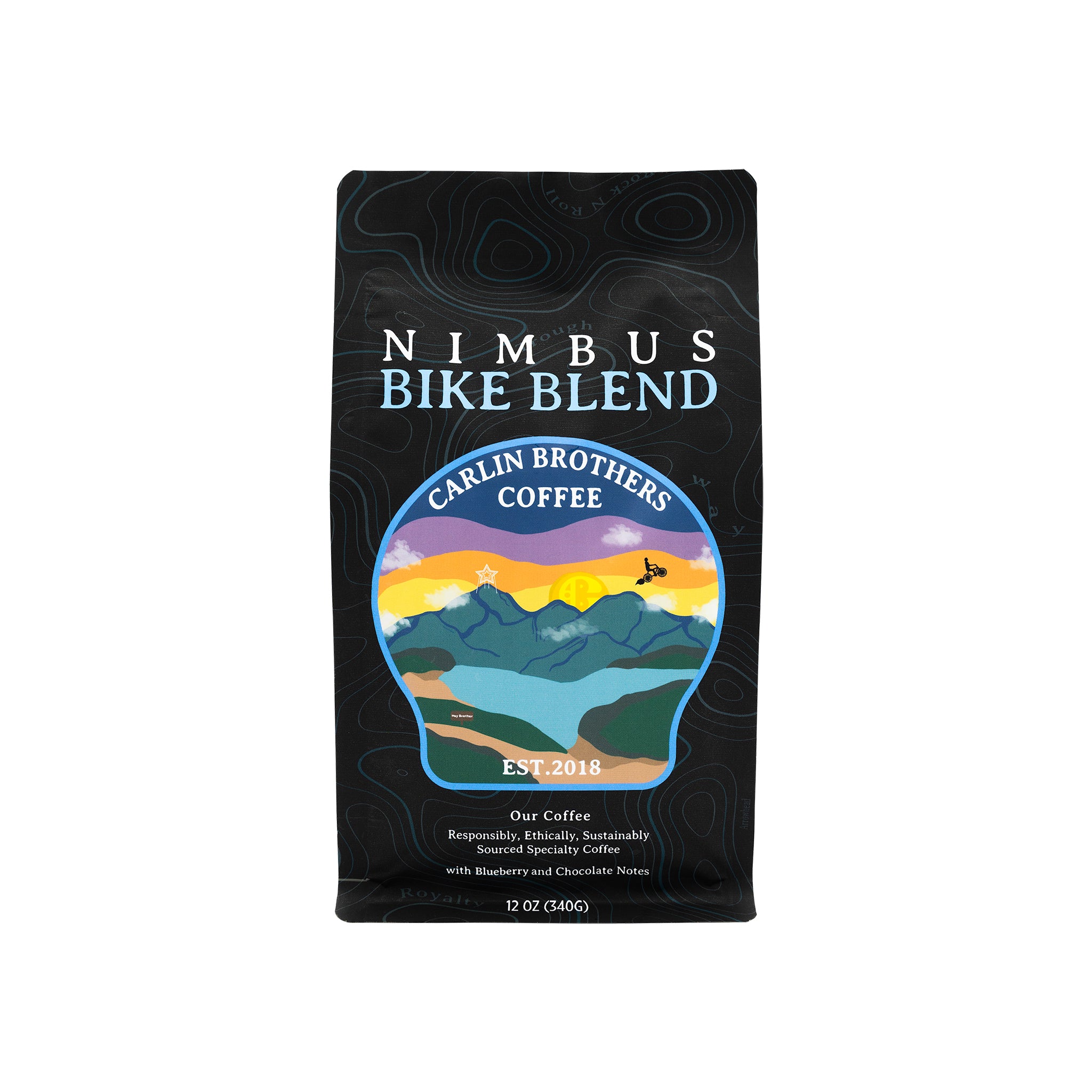 Blue and Black Super Carlin Brother's Mercantile Nimbus Bike Blend coffee bag. Est. 2018. Responsibly, Ethically, sustainably sourced specialty coffee with blueberry and chocolate notes 12OZ