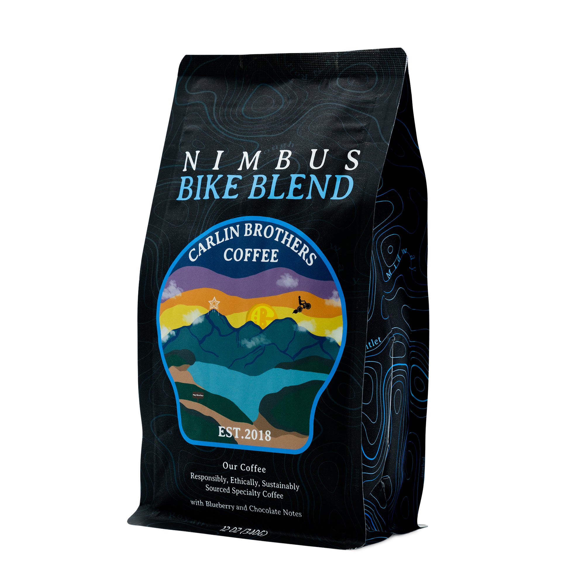 Blue and Black Super Carlin Brother's Mercantile Nimbus Bike Blend coffee bag. Est. 2018. Responsibly, Ethically, sustainably sourced specialty coffee with blueberry and chocolate notes 12OZ