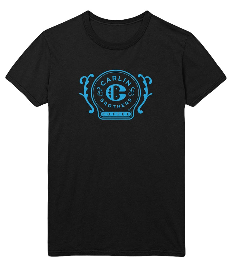 Near-Black short sleeved tshirt with blue carlin brothers coffee logo