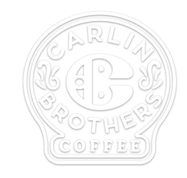White vinyl sticker of carlin brothers coffee logo. 5 inches by 5 inches