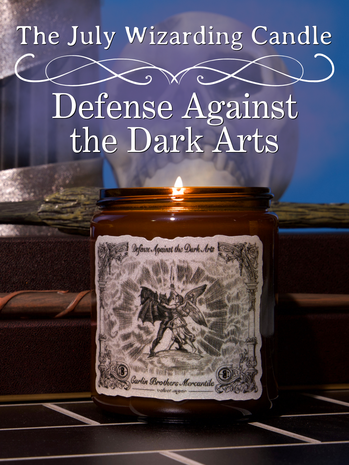 The July Wizarding Candle - Defense Against the Dark Arts. Candle is placed on black tile with a blue background surrounded by wands and wizard classroom decor