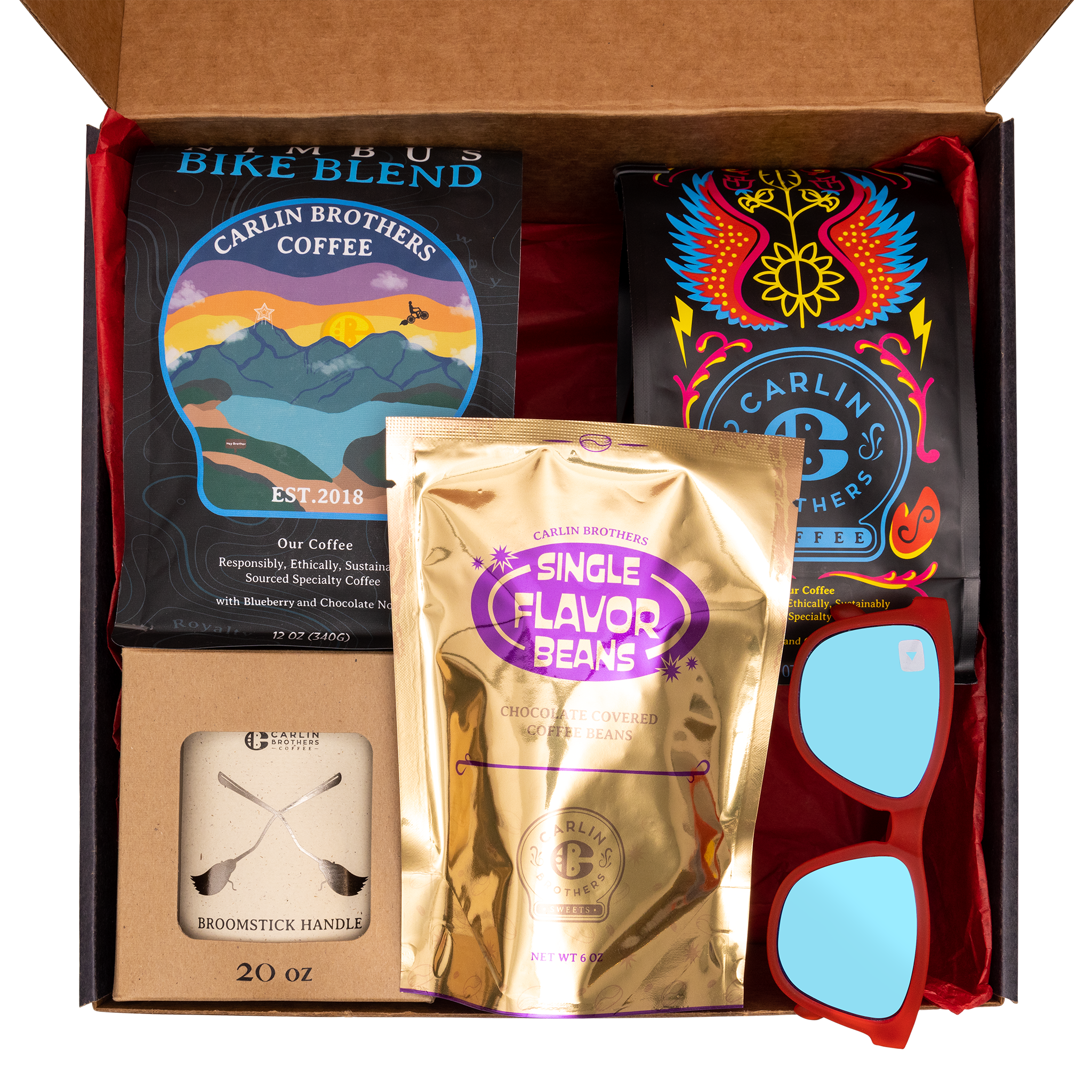 Carlin Brothers Mercantile Sunny Coffee Box including Nimbus Blend, Original Coffee Blend, Sunglasses, Broomstick Handle Candle and Single Flavor Beans