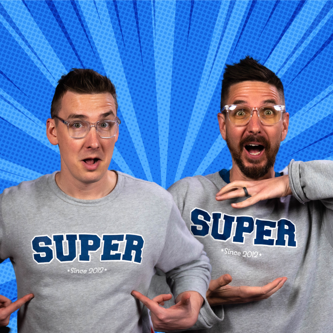 Ben and J From Super Carlin Brothers Wearing the Grey Super logo crewneck