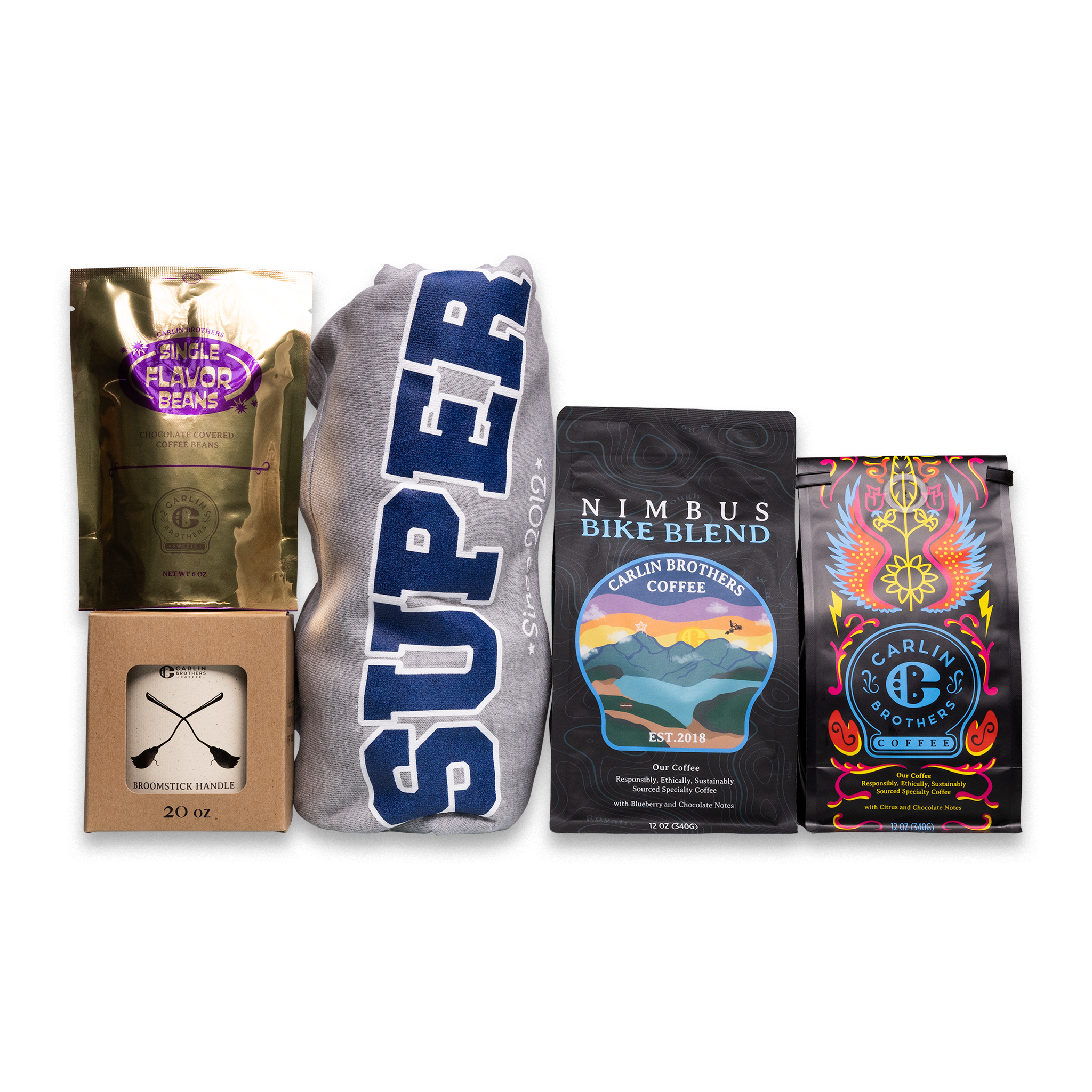 Carlin Brothers Super Coffee Bundle including Broomstick Handle Candle, Super Crewneck, Nimbus Blend Coffee, Original Coffee, and Single Flavor Beans