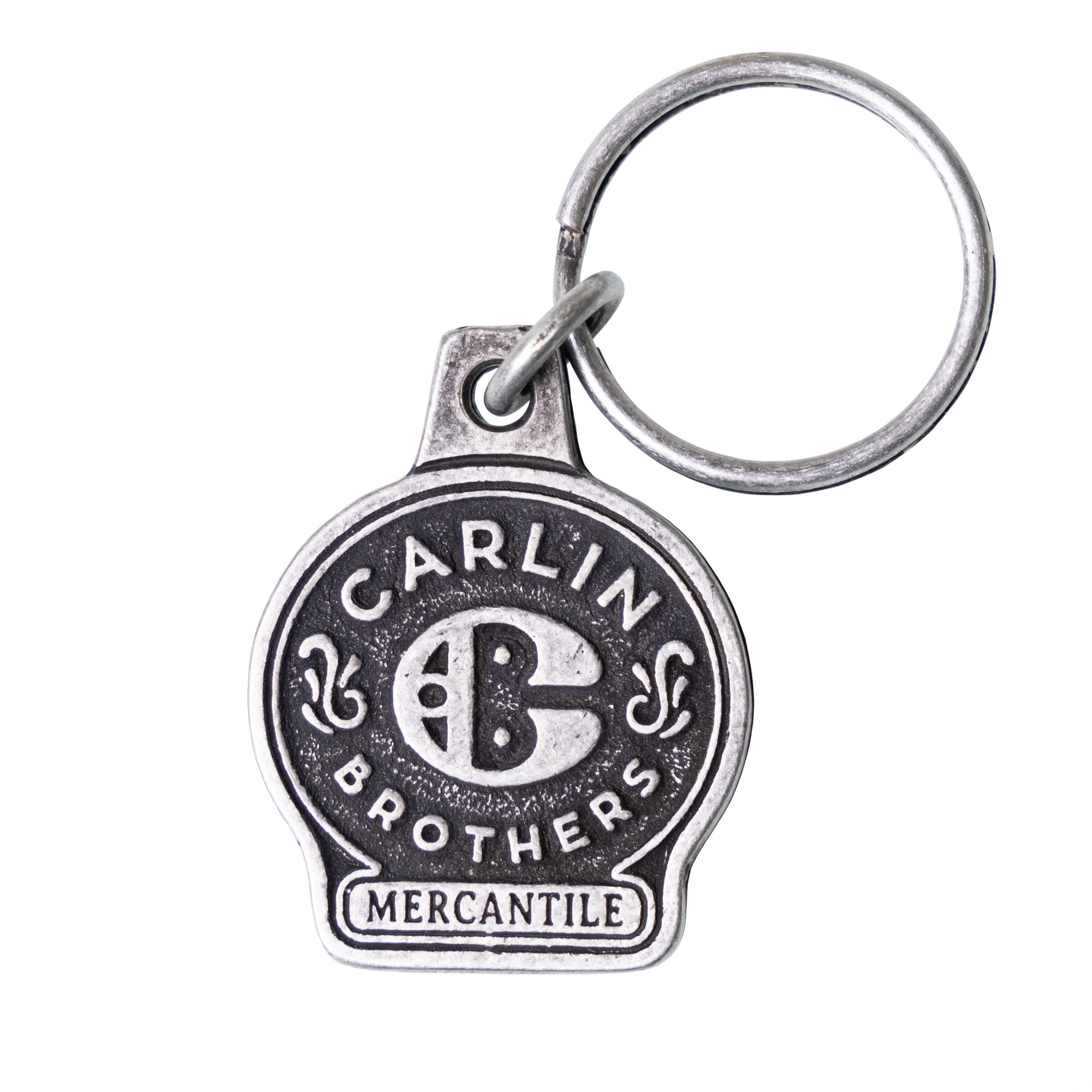 Super Carlin Brothers Mercantile grey metal logo on a keychain