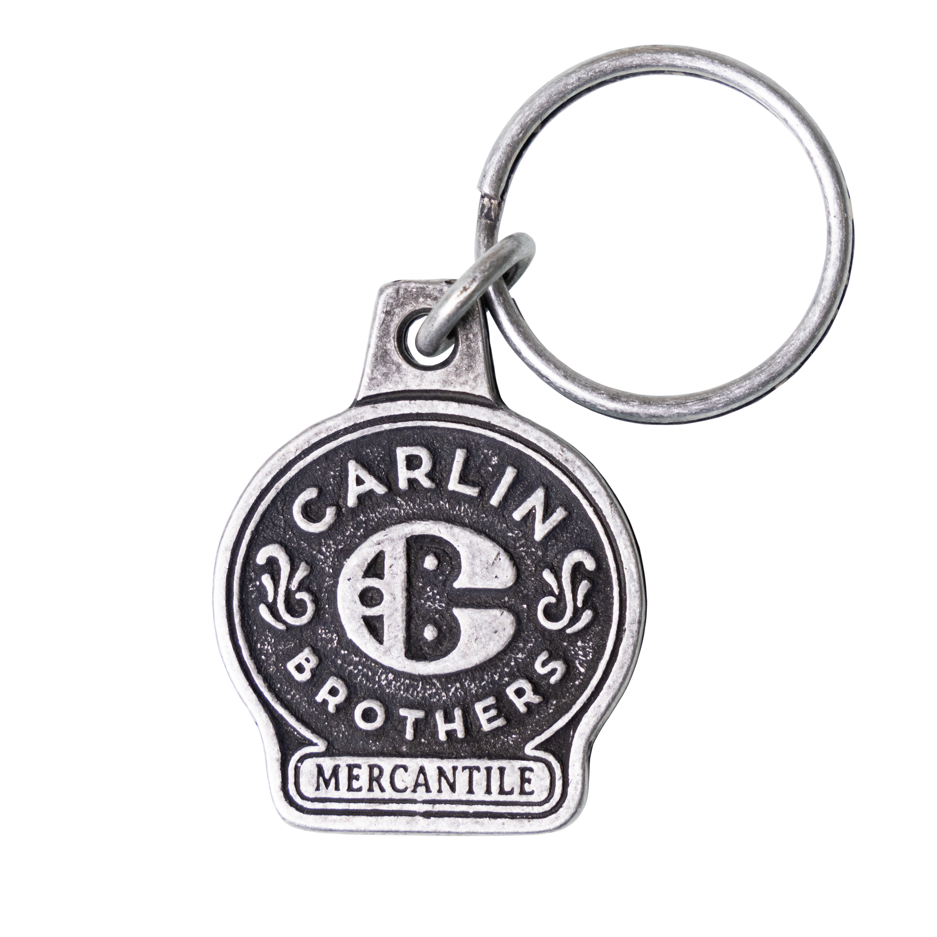 Super Carlin Brothers Mercantile grey metal logo on a keychain