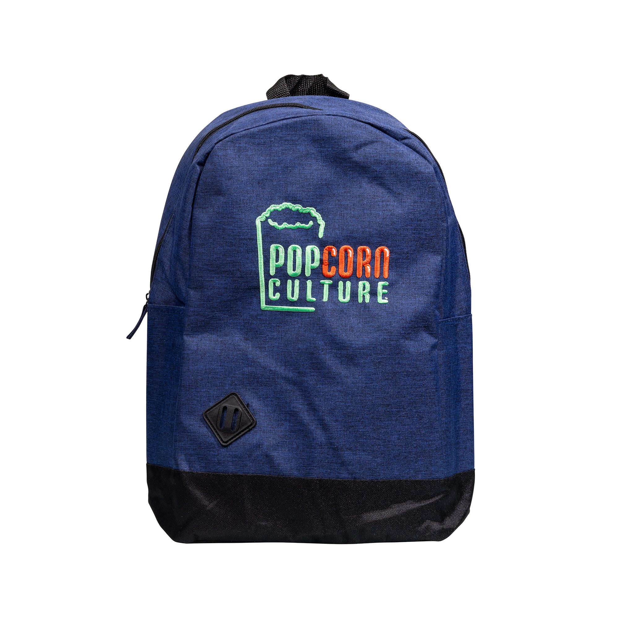 Blue backpack with 'Popcorn Culture' logo on a white background