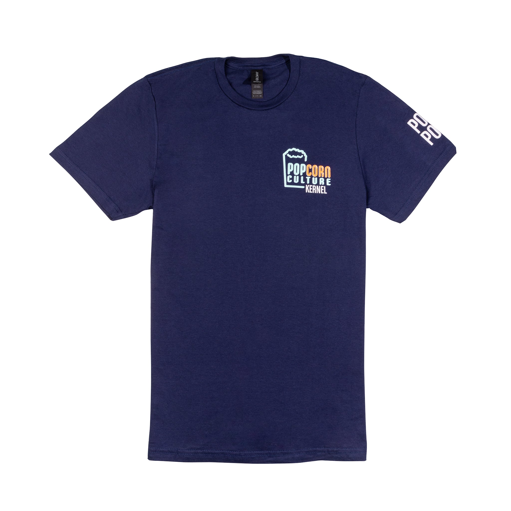 A navy blue crew shirt with a graphic of popcorn and the text 'POPCULAR CULTURE' on the front.