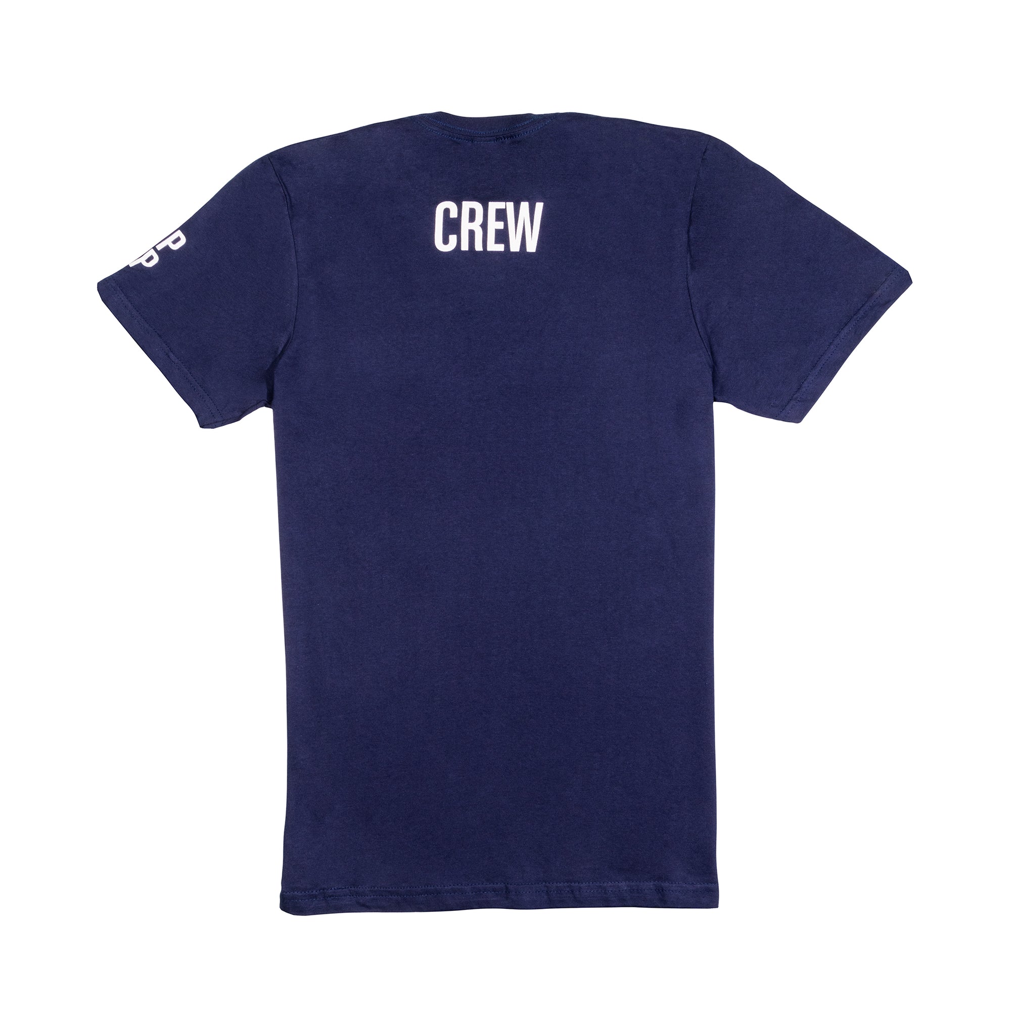 navy blue tshirt that says crew on the back