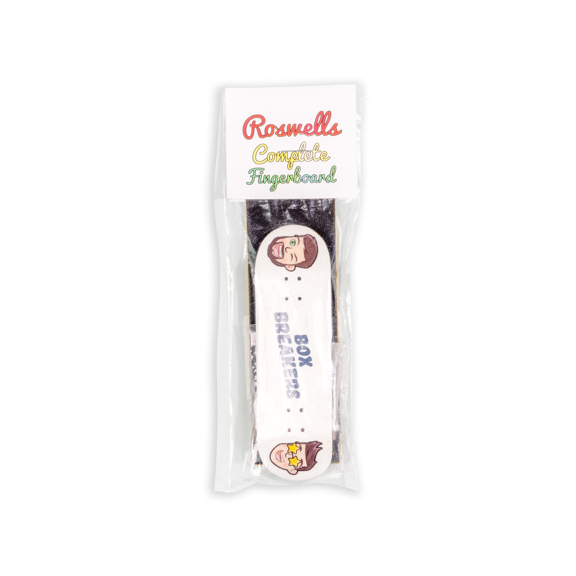 Fingerboard with cartoon character design in clear packaging on a white background