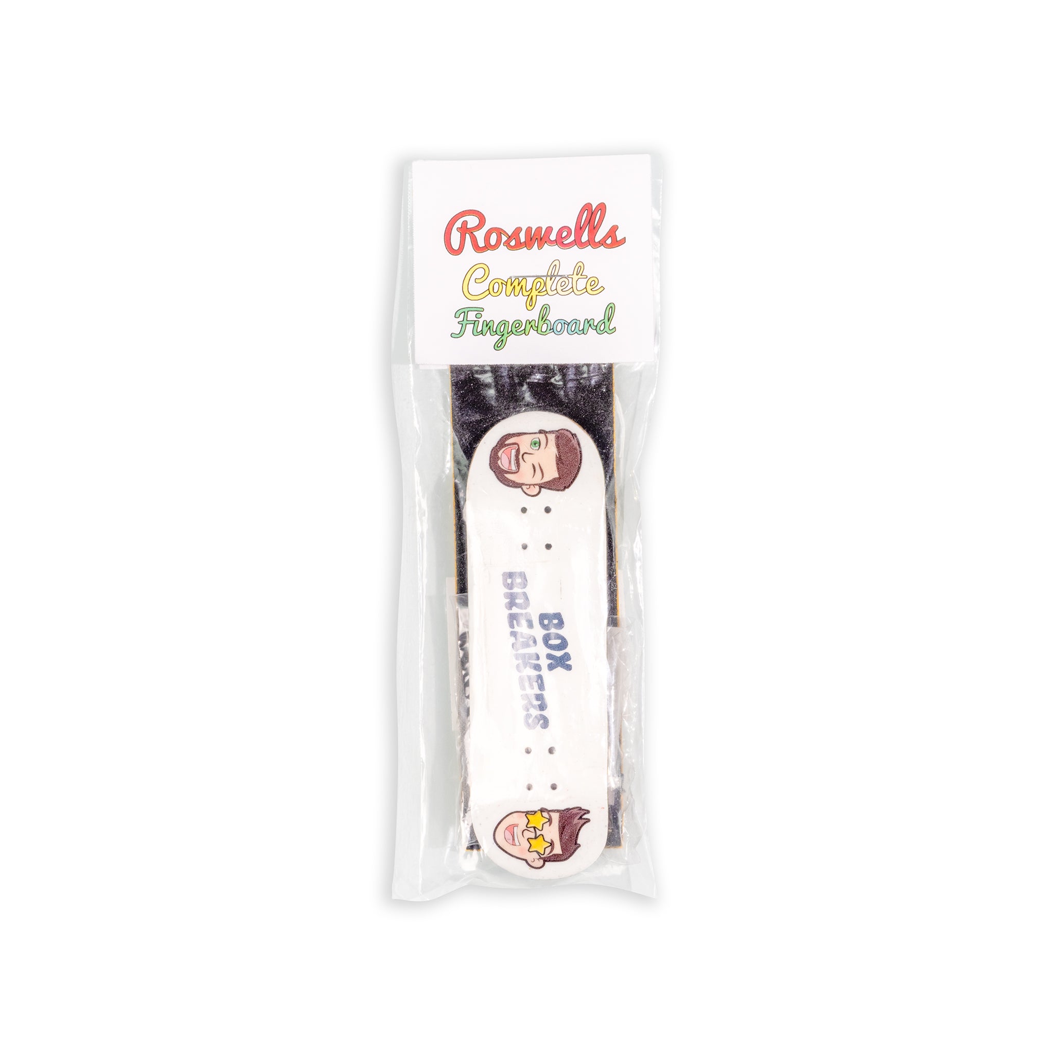 Fingerboard with cartoon character design in clear packaging on a white background