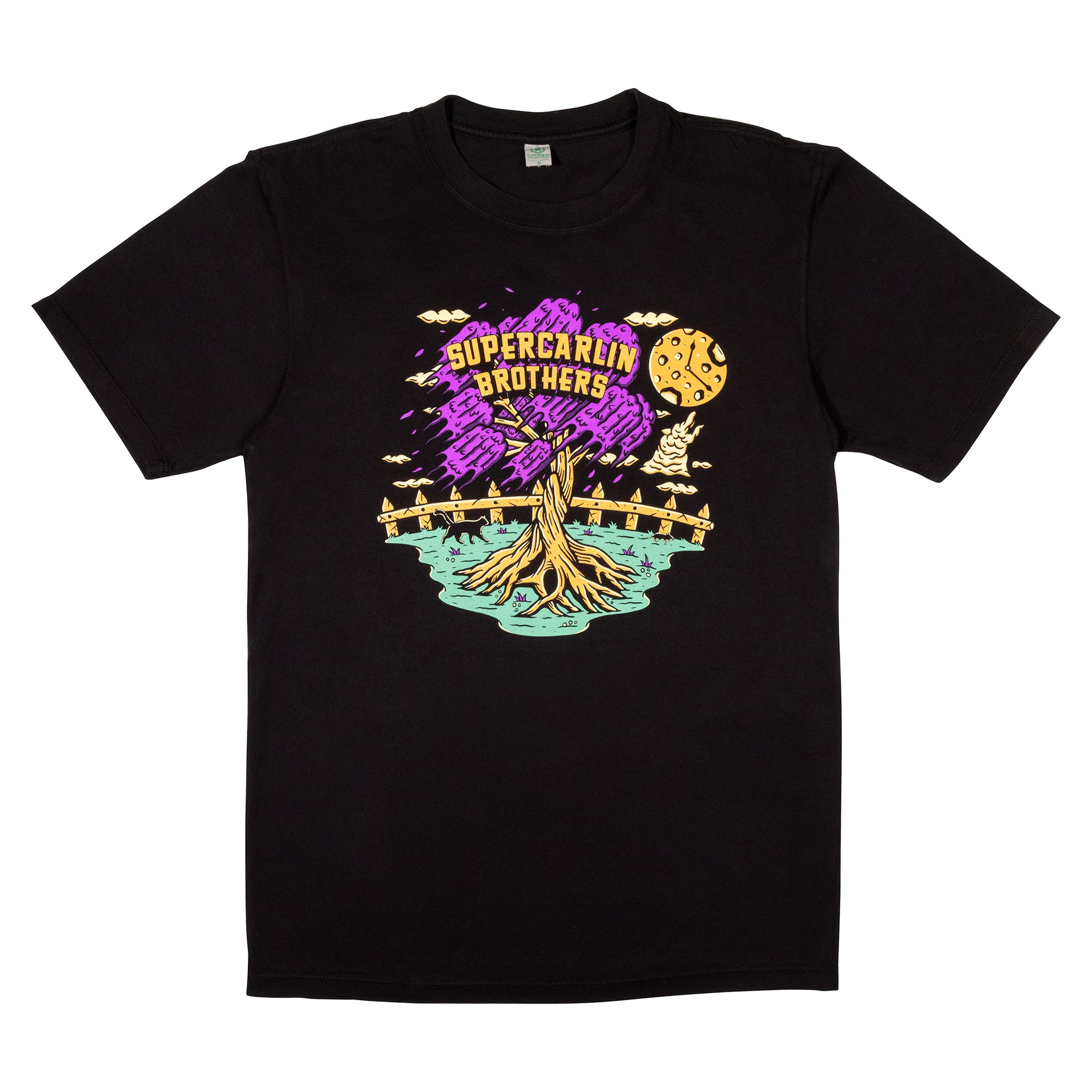 Black t-shirt with a colorful graphic design on a white background