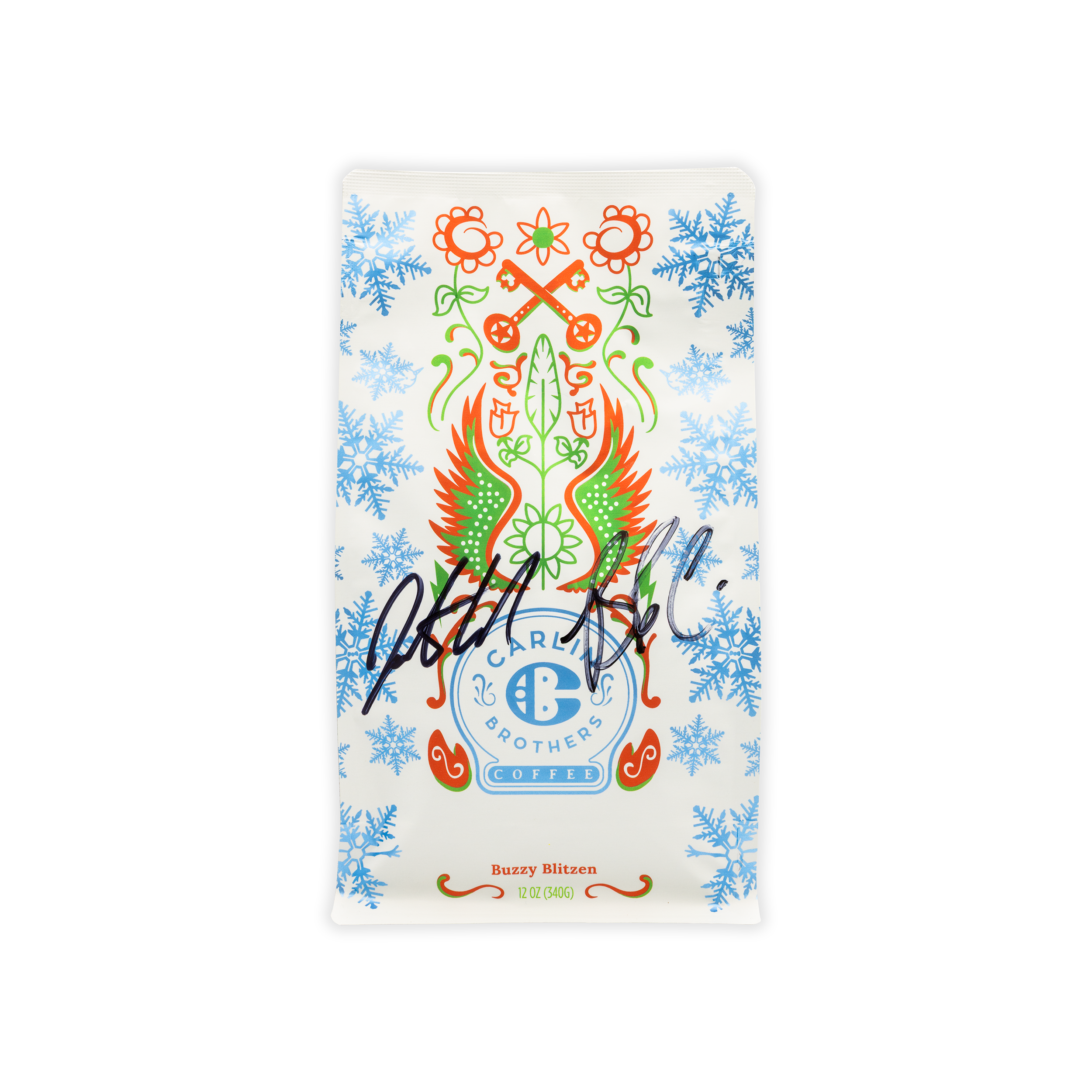 Decorative coffee package with colorful design and brand logo on a white background