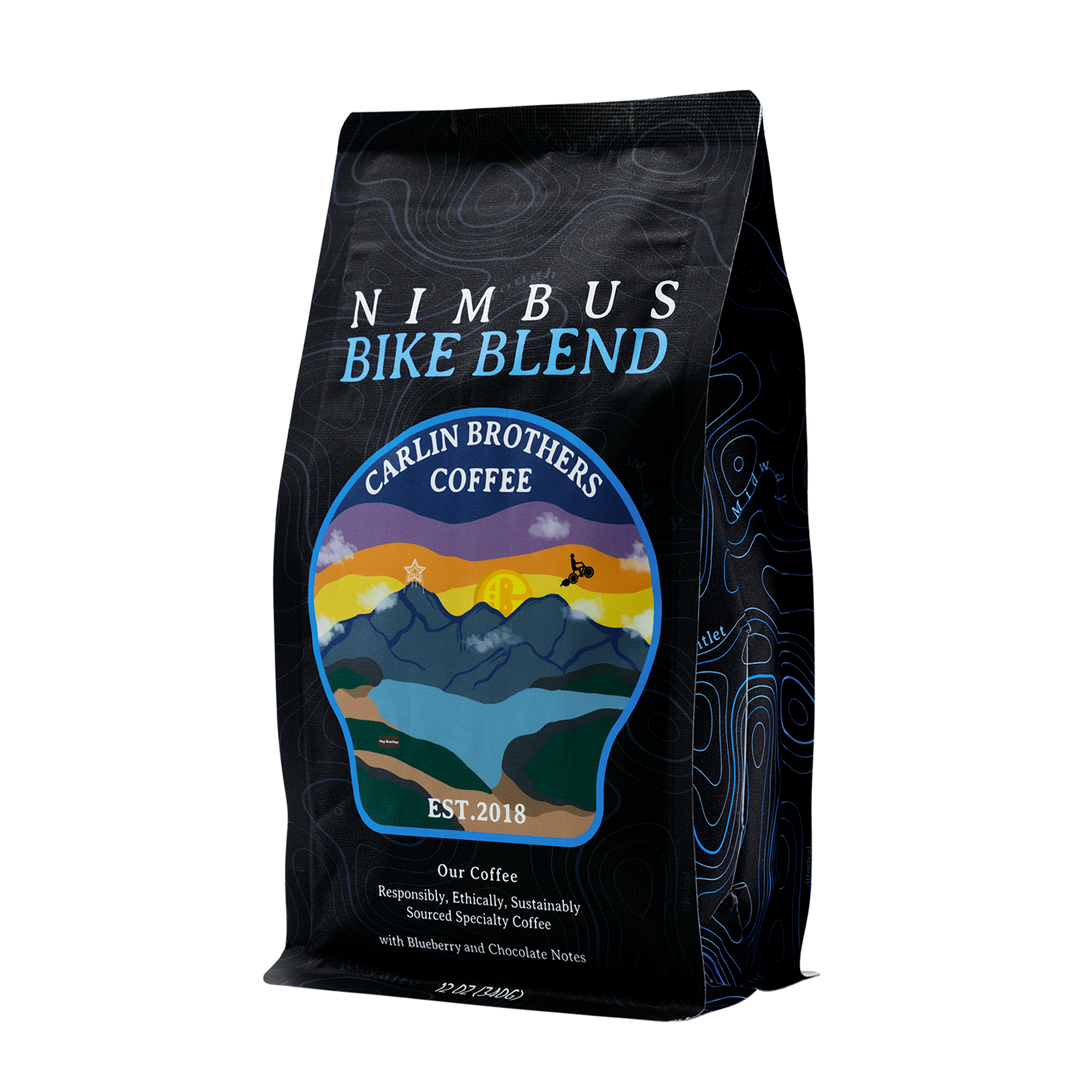 Carlin Brothers Coffee Nimbus Bike Blend package with mountain design on a white background
