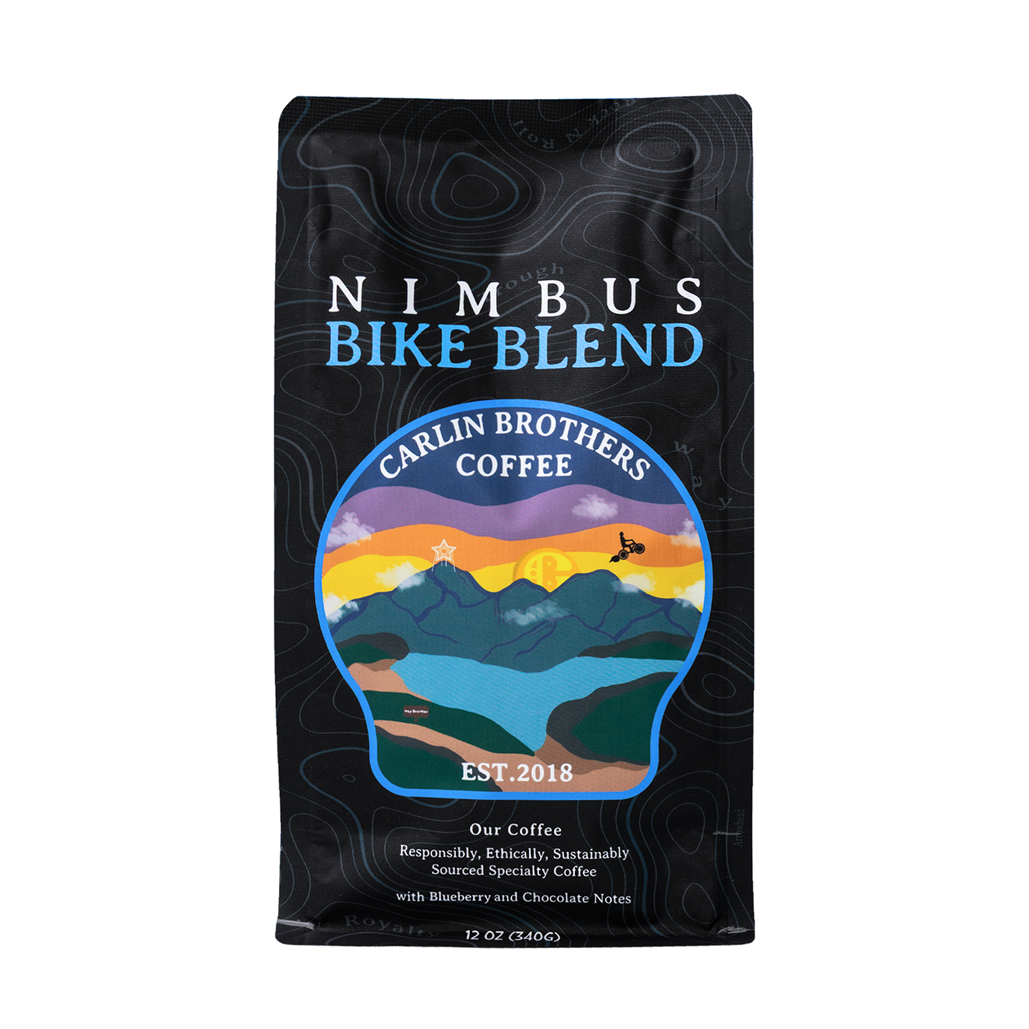 Coffee bag labeled 'Nimbus Bike Blend' by Carlin Brothers Coffee on a white background