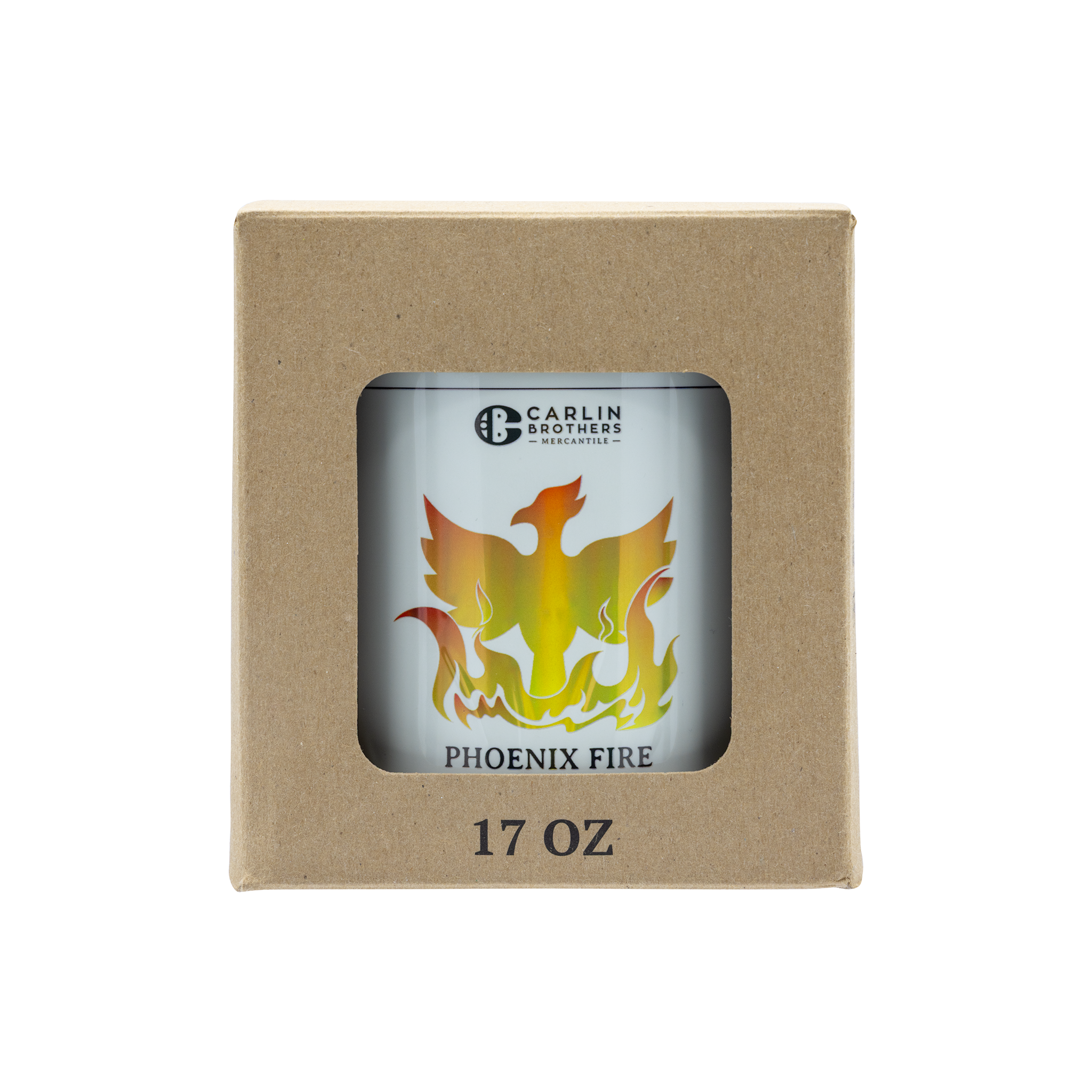Candle in a box with 'Phoenix Fire' design and 'Carlin Brothers' branding.