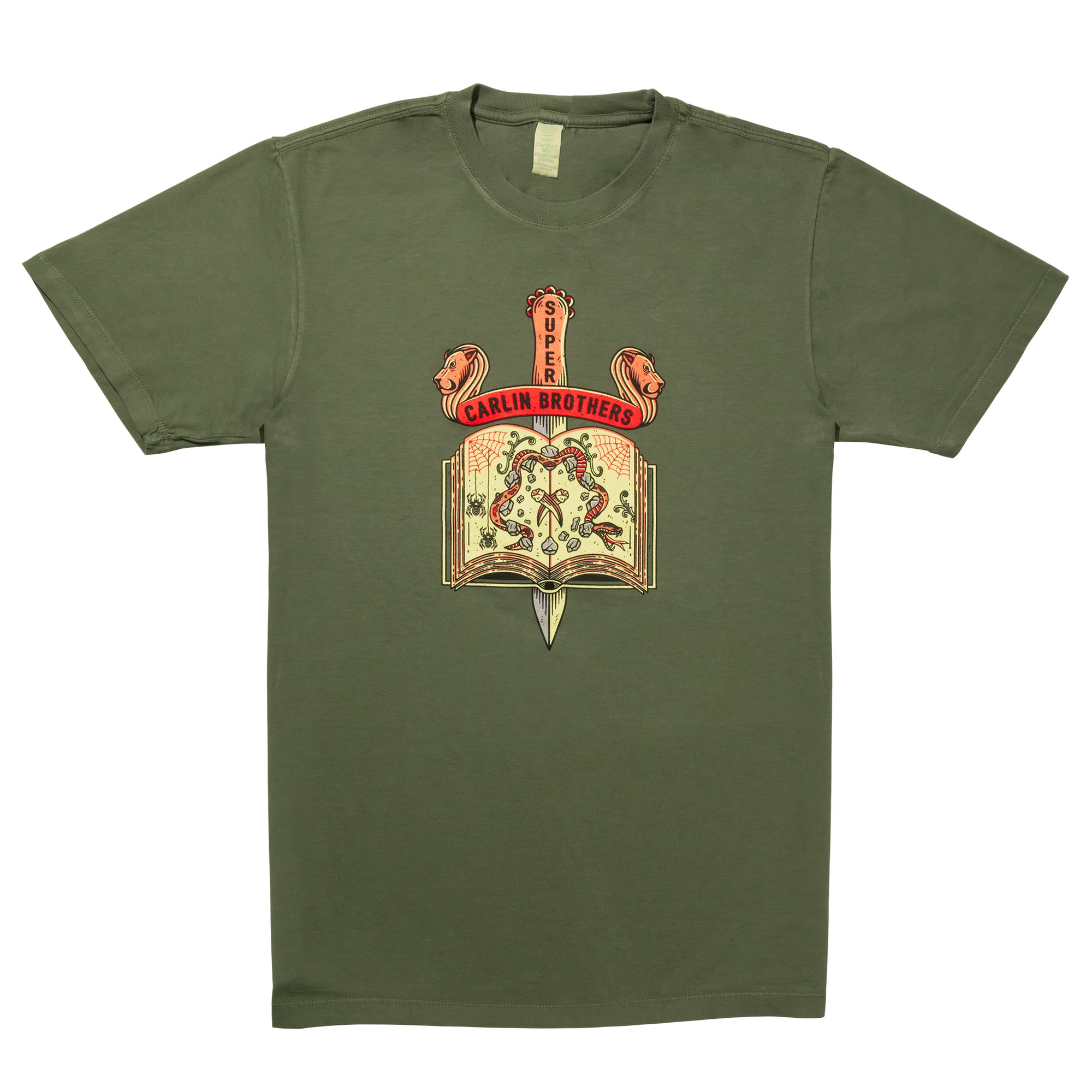 Green t-shirt with a graphic design on a white background