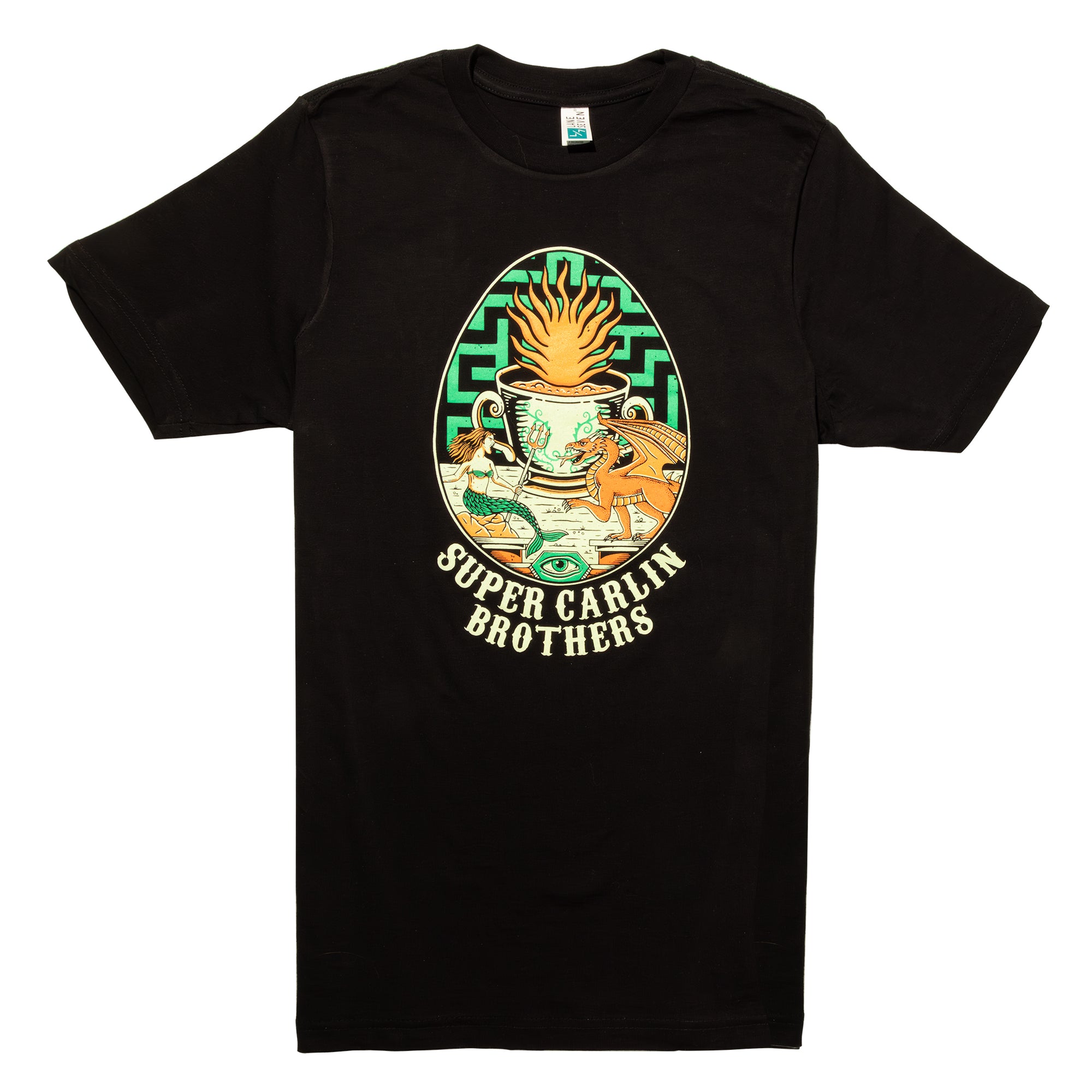 Black t-shirt with a graphic design featuring a cup and dragons on a white background