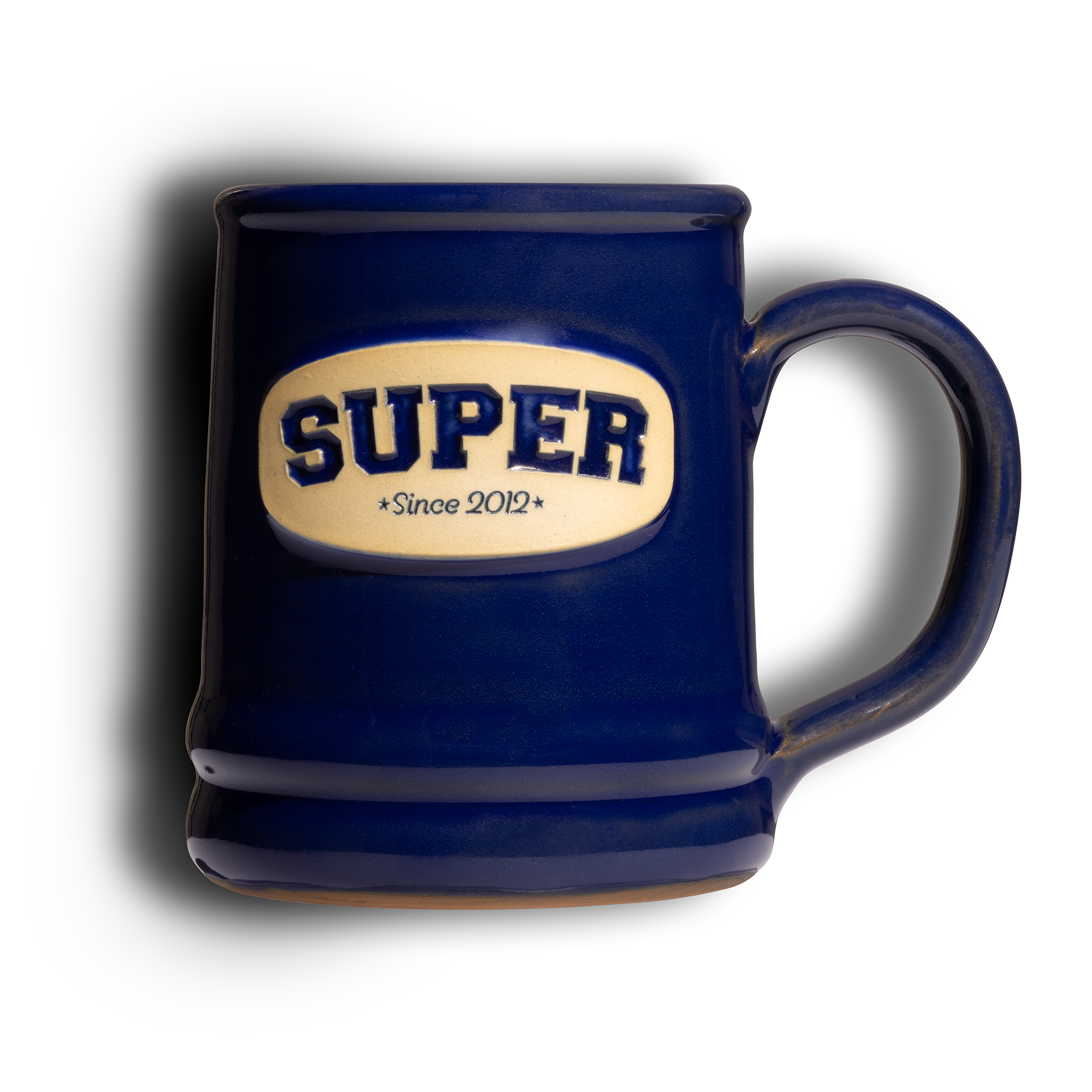 Blue mug with 'SUPER' and 'Since 2012' text on a white background