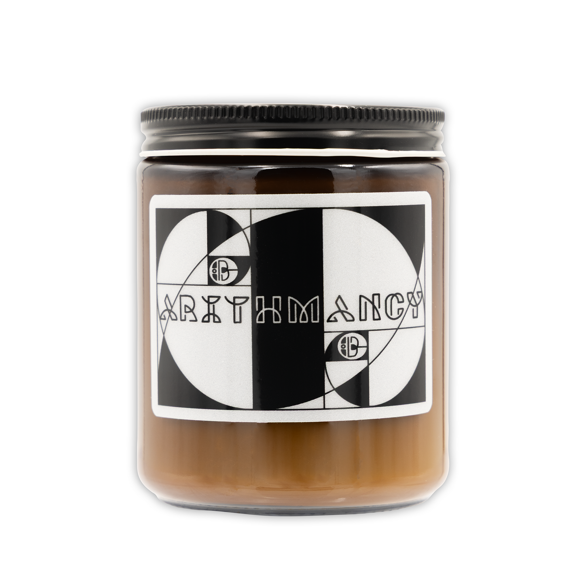 candle with a black and white label on a white background