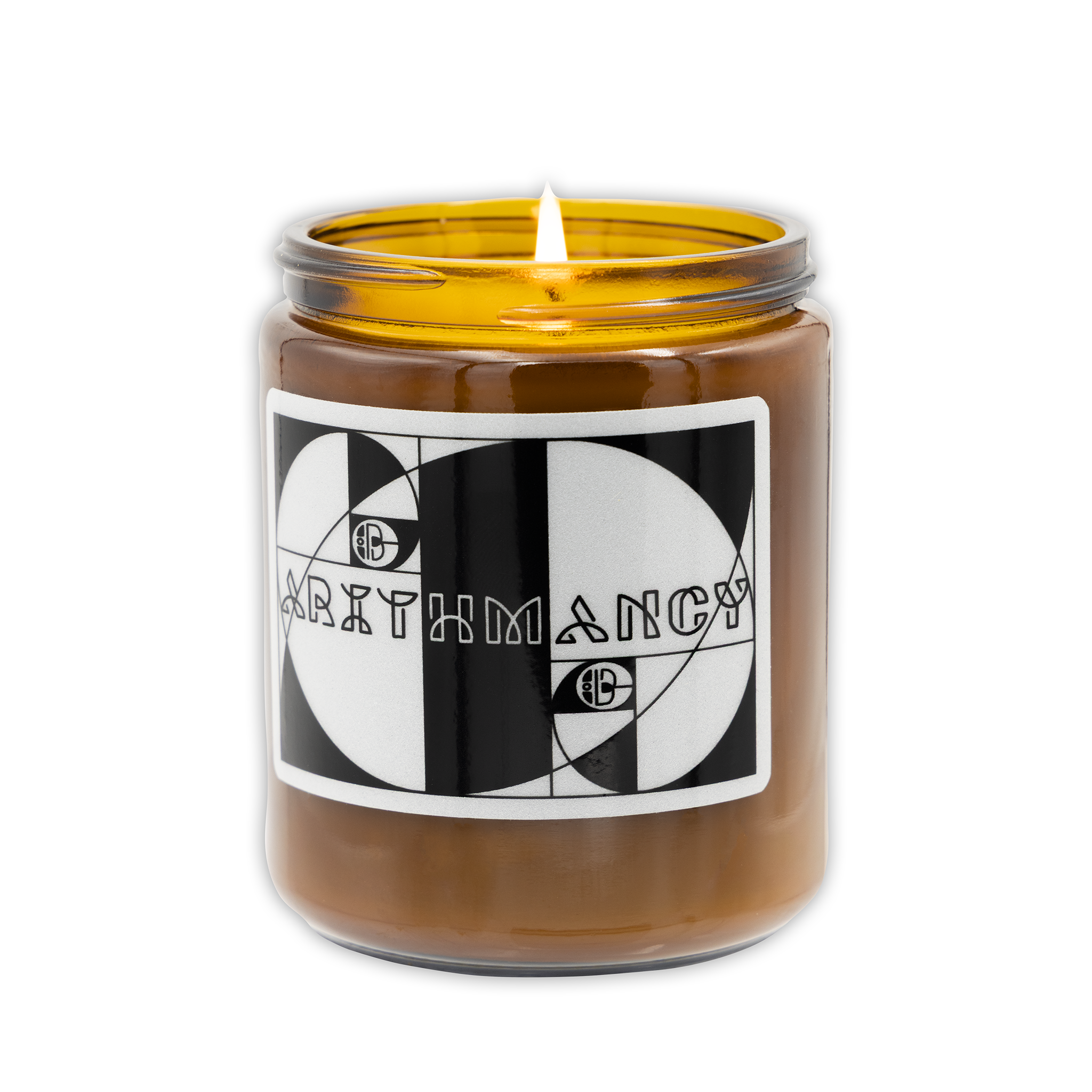 Candle in a glass jar with a label on a white background