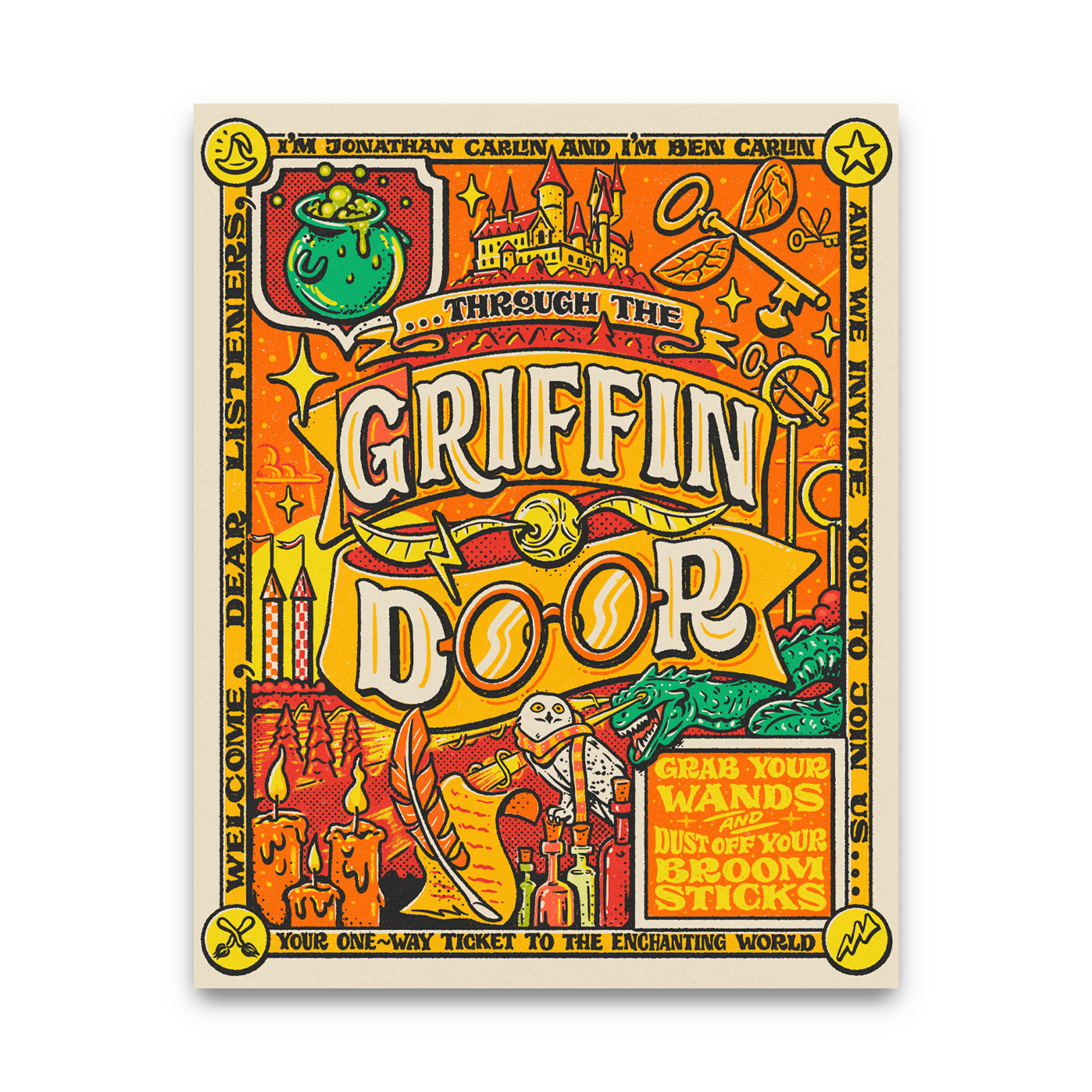 Colorful poster with text and graphics related to 'Through the Griffin Door' on a white background