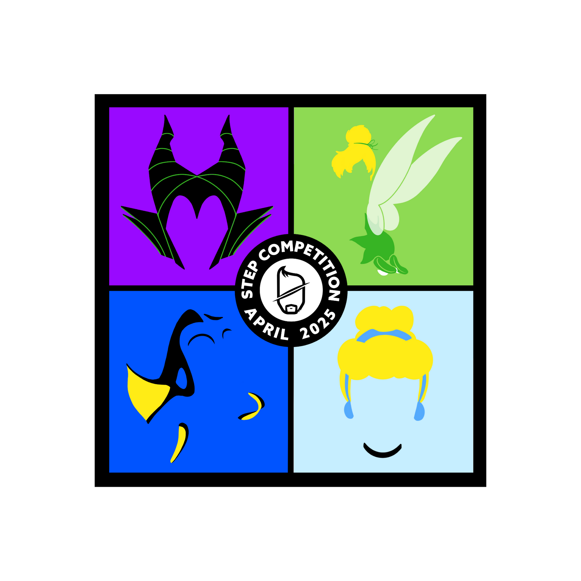 A colorful pin with four panels featuring stylized characters and the text 'Step Competition April 2025'.