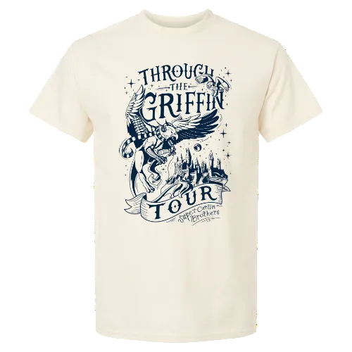 Off white t-shirt with Through the Griffin Tour design