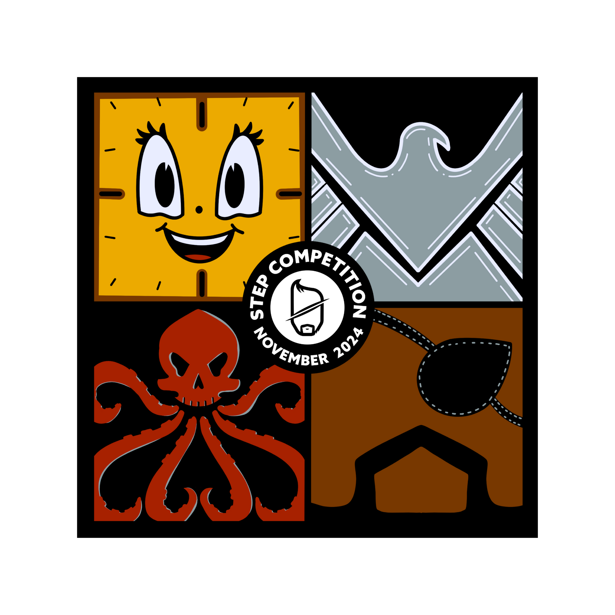 Four stylized icons with a central 'Step Competition November 2024' badge on a black background.