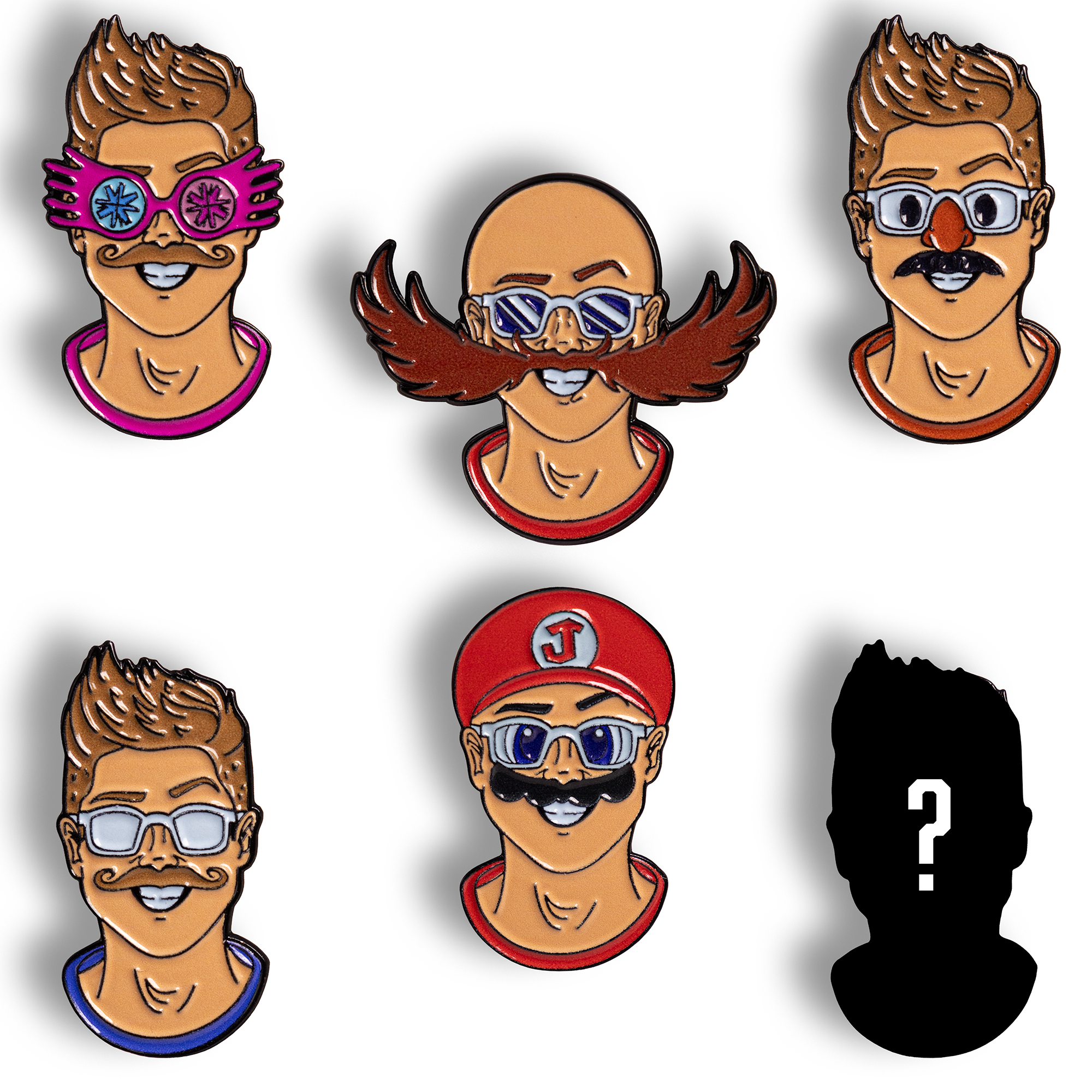 Set of five illustrated pins with different hairstyles and accessories on a white background.