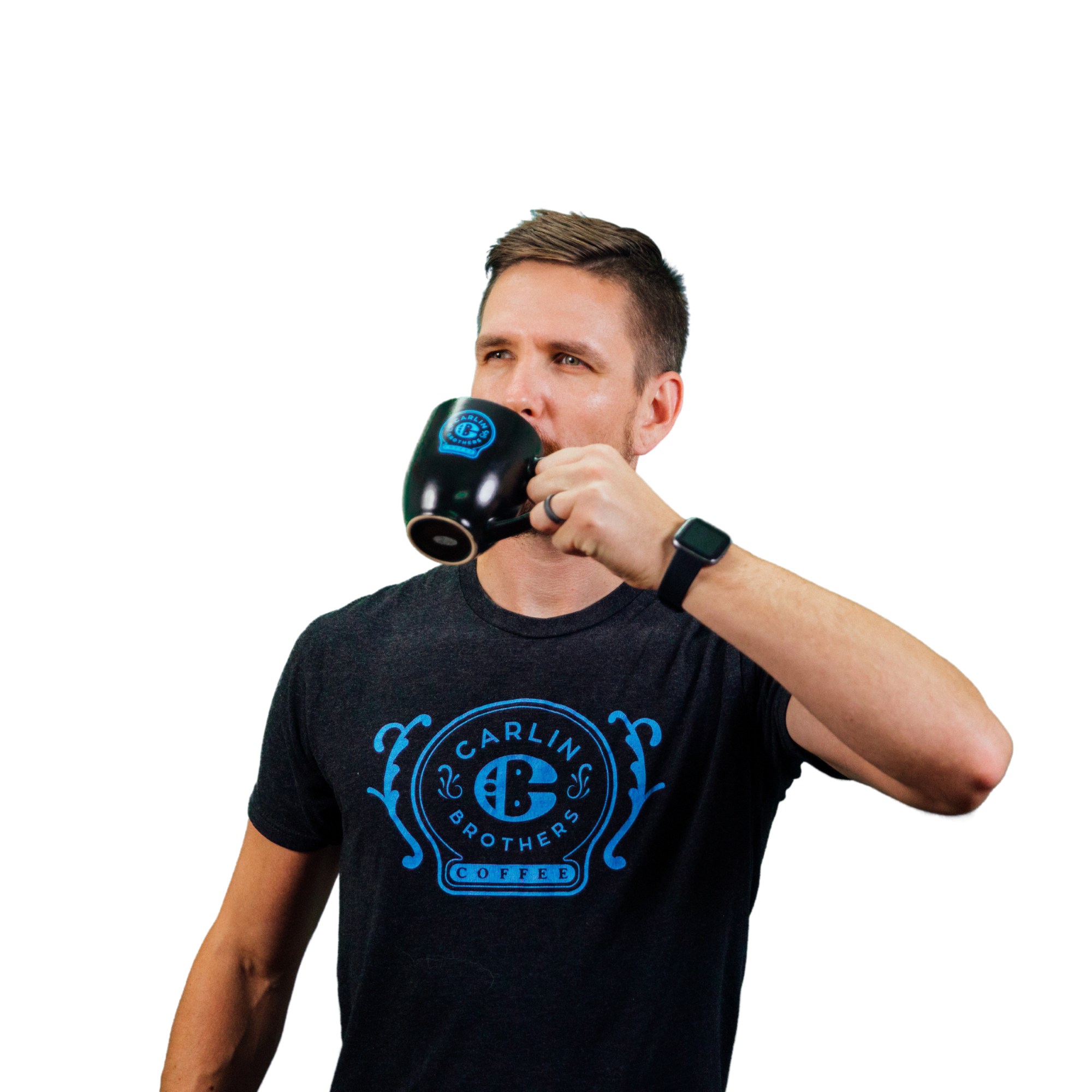 Ben from Super Carlin Brothers mercantile wearing the official Carlin Brothers Coffee logo t-shirt