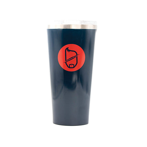 Insulated Corkcicle brand 16-ounce tumbler. Shiny navy background with red Super Carlin Brothers logo.