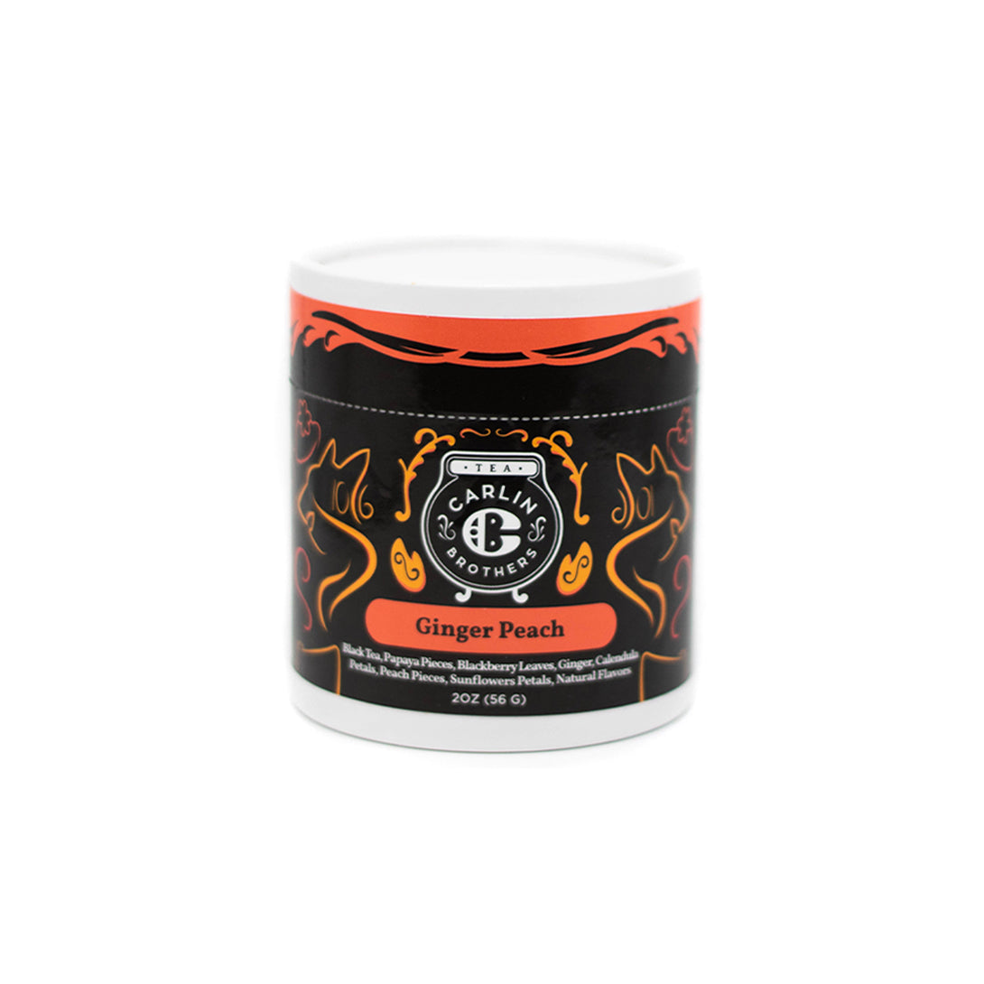 2oz Ginger Peach Black Tea, Papaya pieces, blackberry leaves, calendula petals, peach pieces, sunflowers petals, natural flavors in a cylindrical cardboard tube. 
