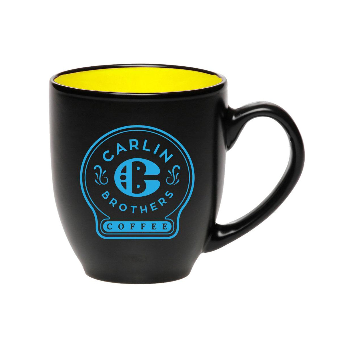 16 ounce black mug with blue Carlin Brothers Coffee logo. Mug interior is yellow.