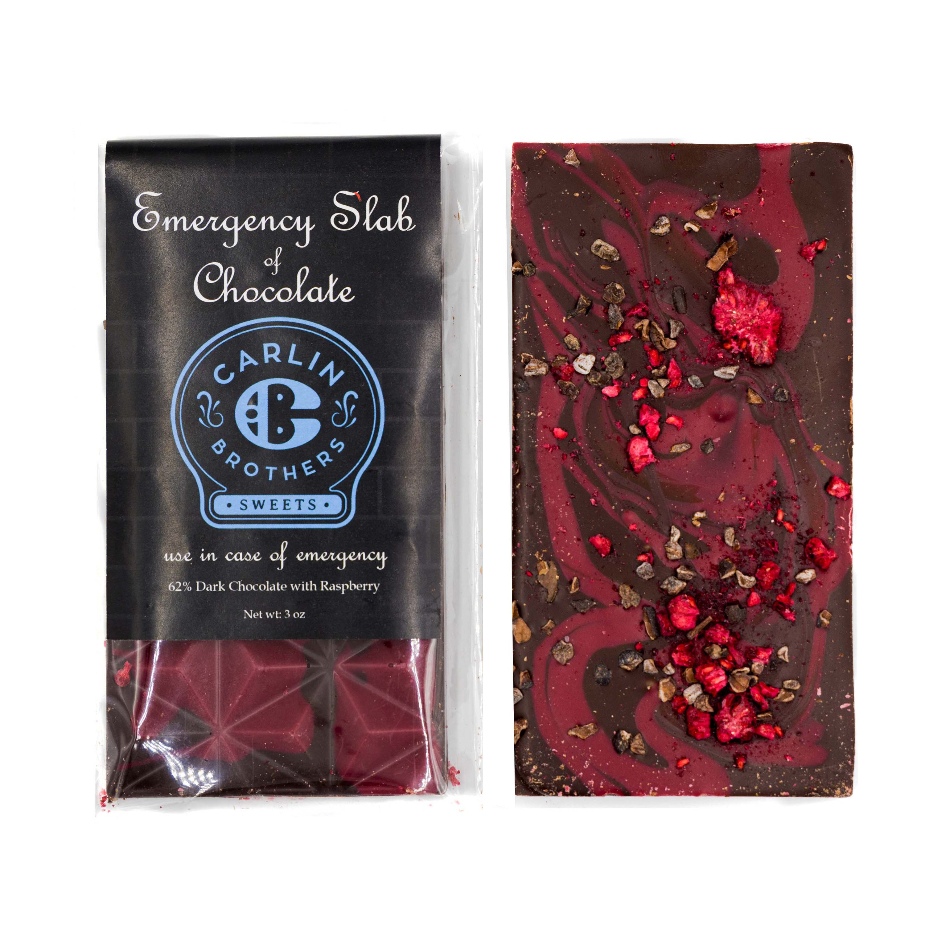 Super Carlin Brothers Mercantile Emergency Slab of Chocolate with raspberry pieces. Use in case of emergency 62% Dark Chocolate with Raspberry 3 OZ