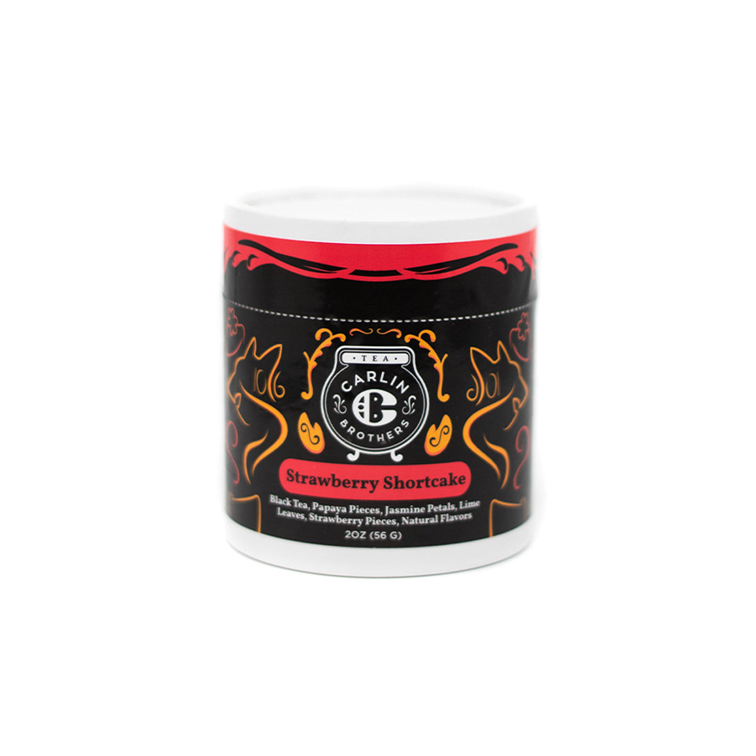 2oz Strawberry Shortcake Black tea. Papaya Pieces, Jasmine petals, Lime leaves, strawberry pieces, natural flavors in a cylindrical cardboard tube