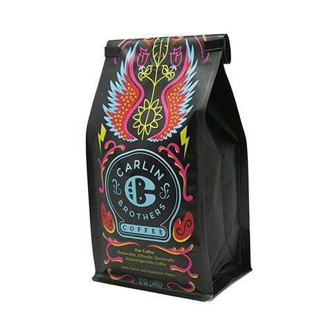 Carlin Brothers Coffee bag, 12oz decaffeinated coffee. Responsibly, ethically, sustainably sourced specialty coffee with Citrus, Chocolate notes